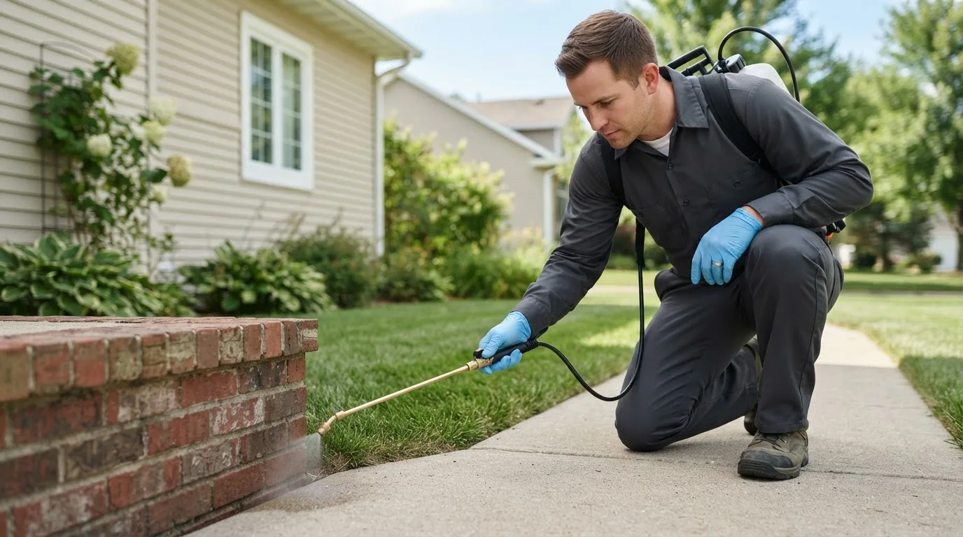 Pest control technician treating a home near New Albin, IA