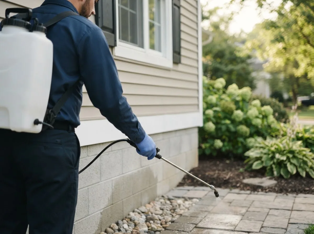 Pest control technician inspecting a home in New Albin, IA